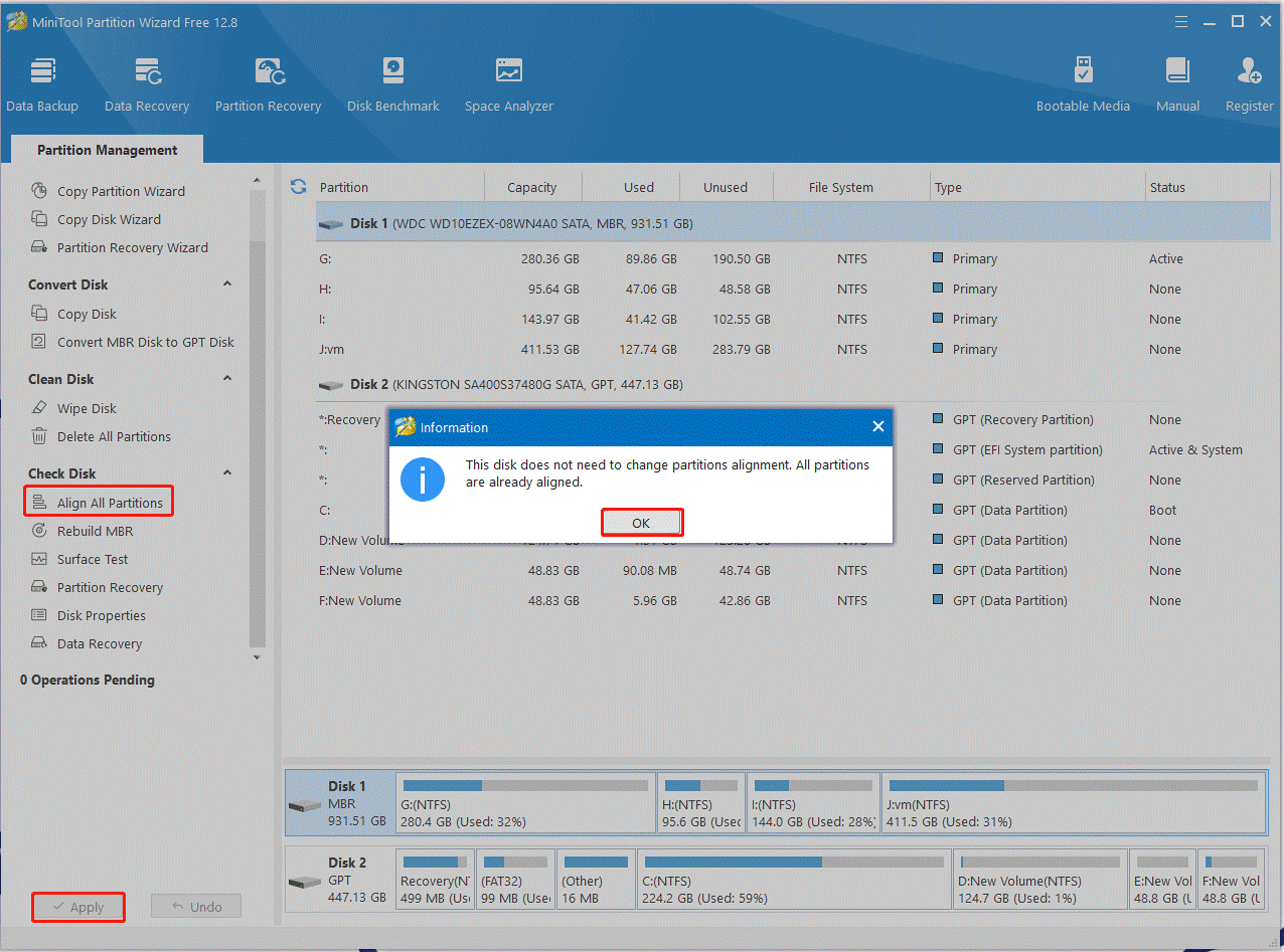 align partitions using MiniTool