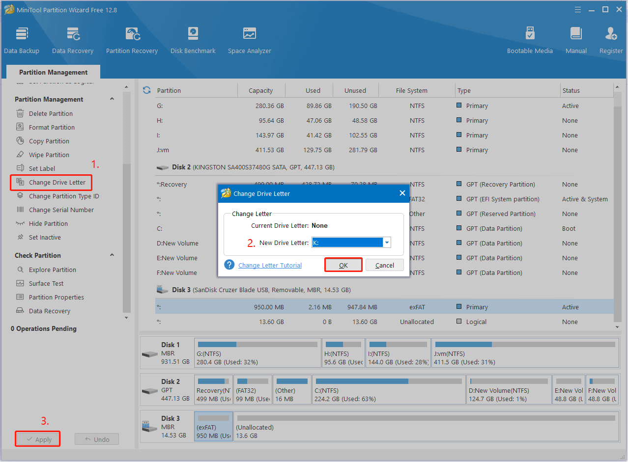 change drive letter using MiniTool