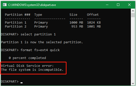 cannot format a drive to Ext4 using DiskPart