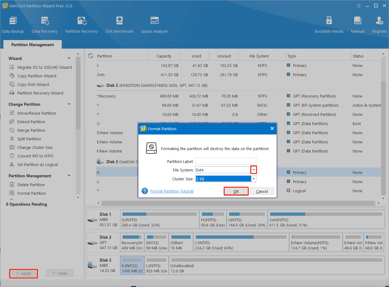 format a drive to Ext4 using MiniTool