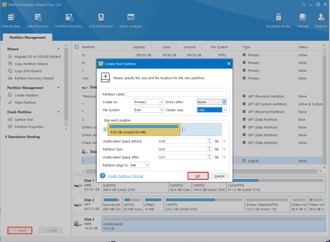 create an Ext4 partition using MiniTool