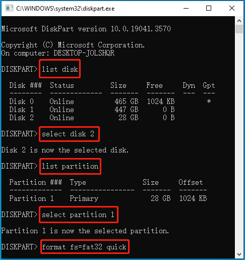 Format SDXC with diskpart commands