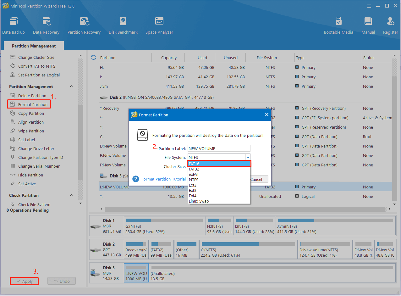 format a USB to FAT16 using MiniTool