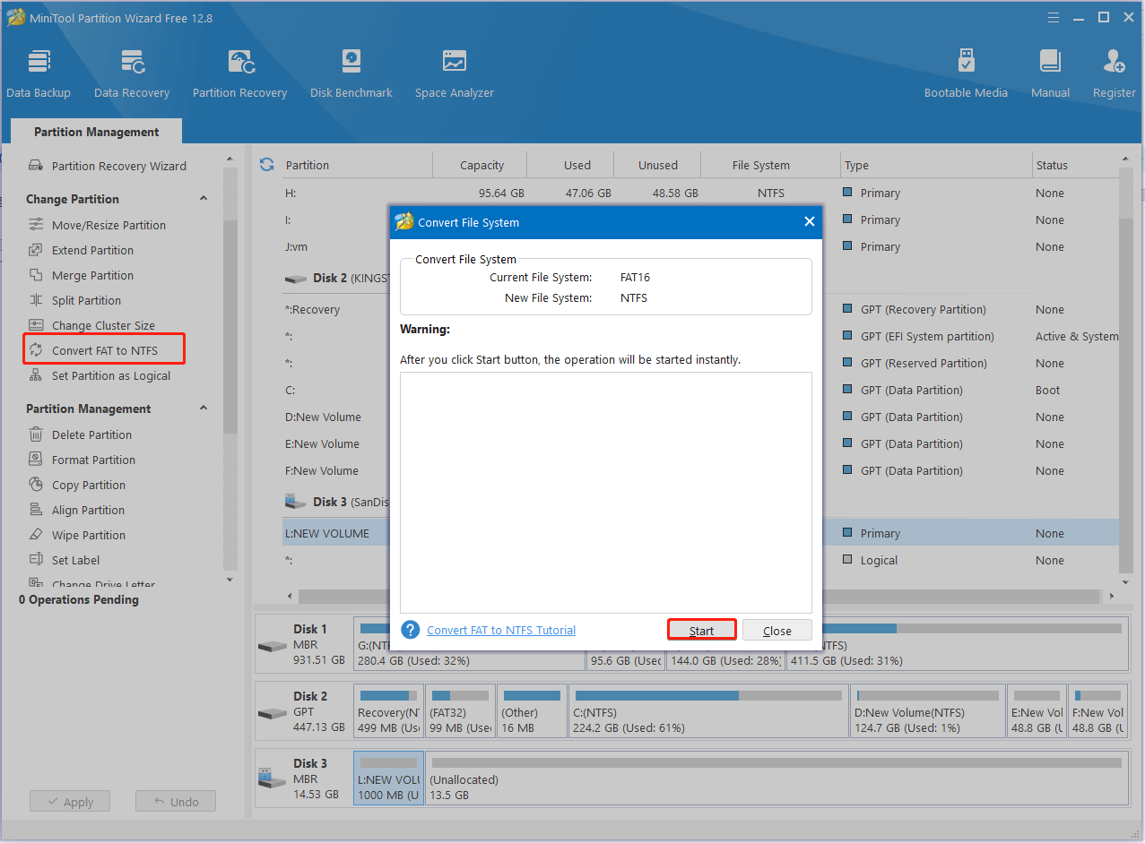 convert FAT16 to NTFS using MiniTool