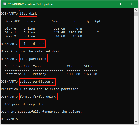 format USB drive to FAT16 using DiskPart