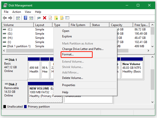 select Format in Disk Management