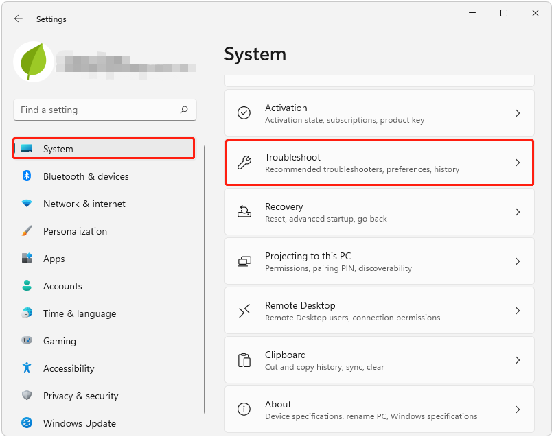 navigate to Troubleshoot