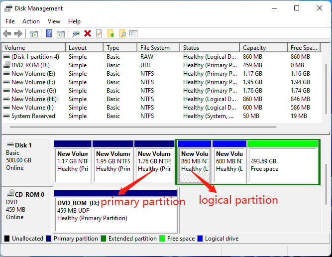 primary partition and logical drive