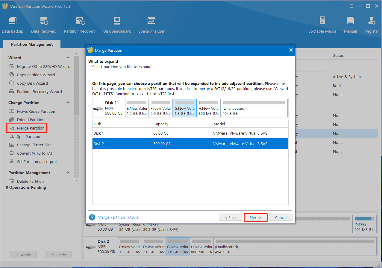 click Merge Partition on MiniTool