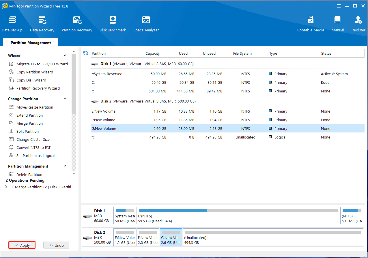 click Apply to merge partitions on MiniTool