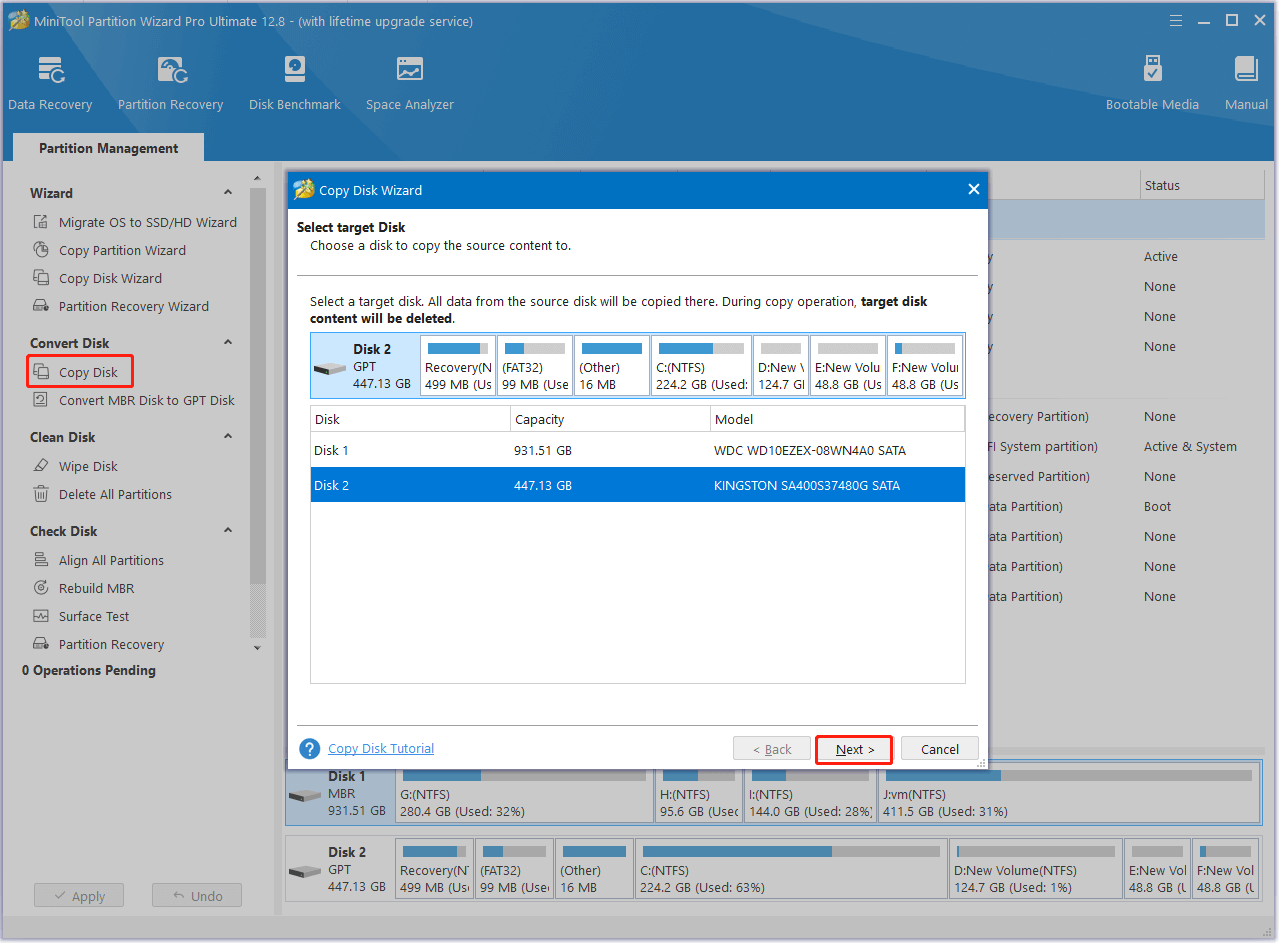 copy disk using MiniTool