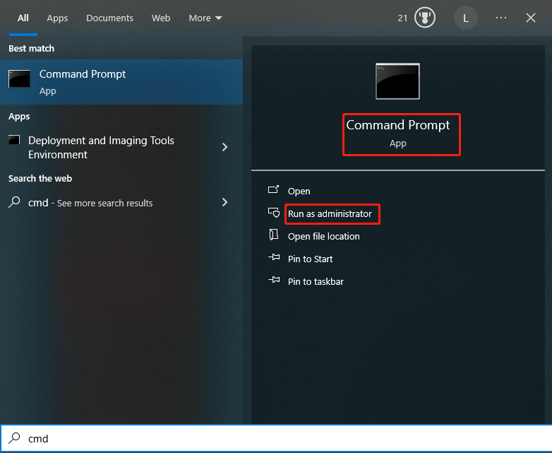run Command Prompt as administrator from the search box