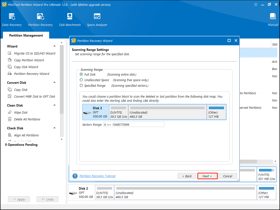 select scanning range settings