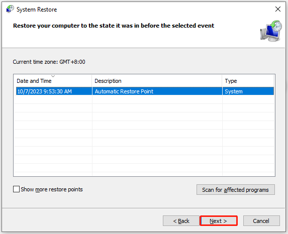 select a restore point and click Next