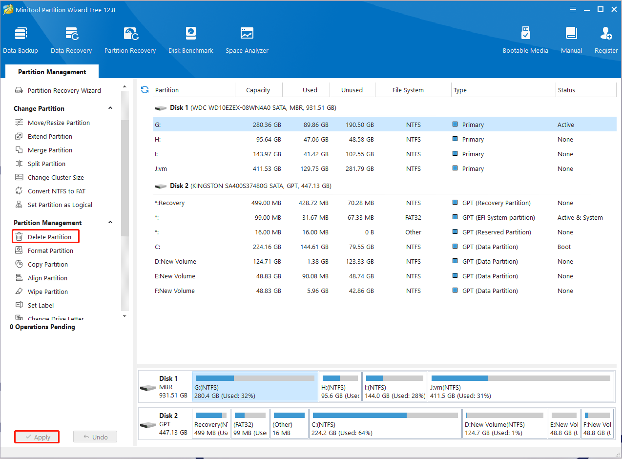 delete partition using MiniTool