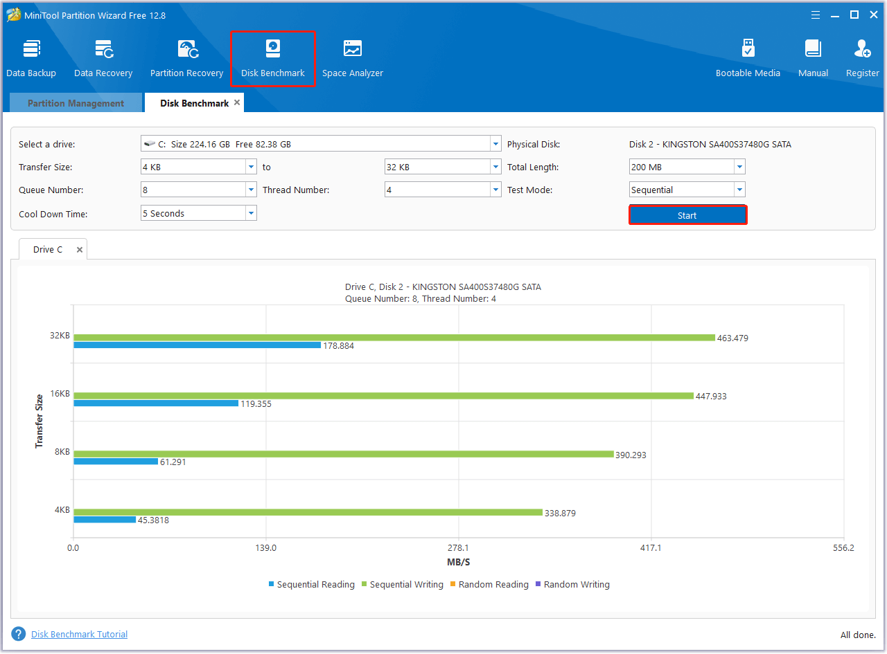 click Disk Benchmark on MiniTool