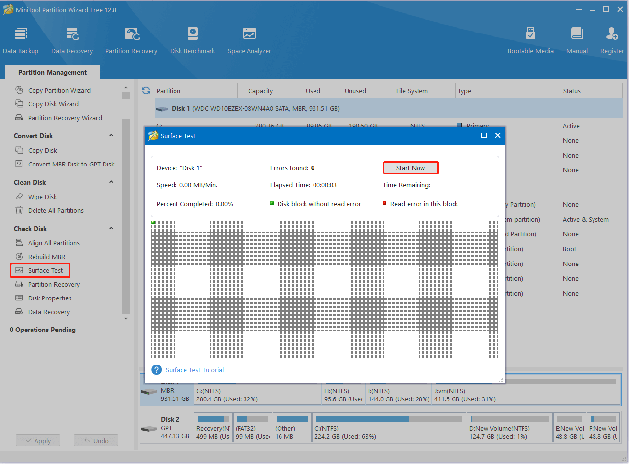 click Surface Test on MiniTool