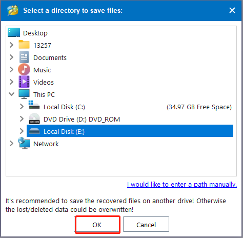 select a directory to save files using MiniTool