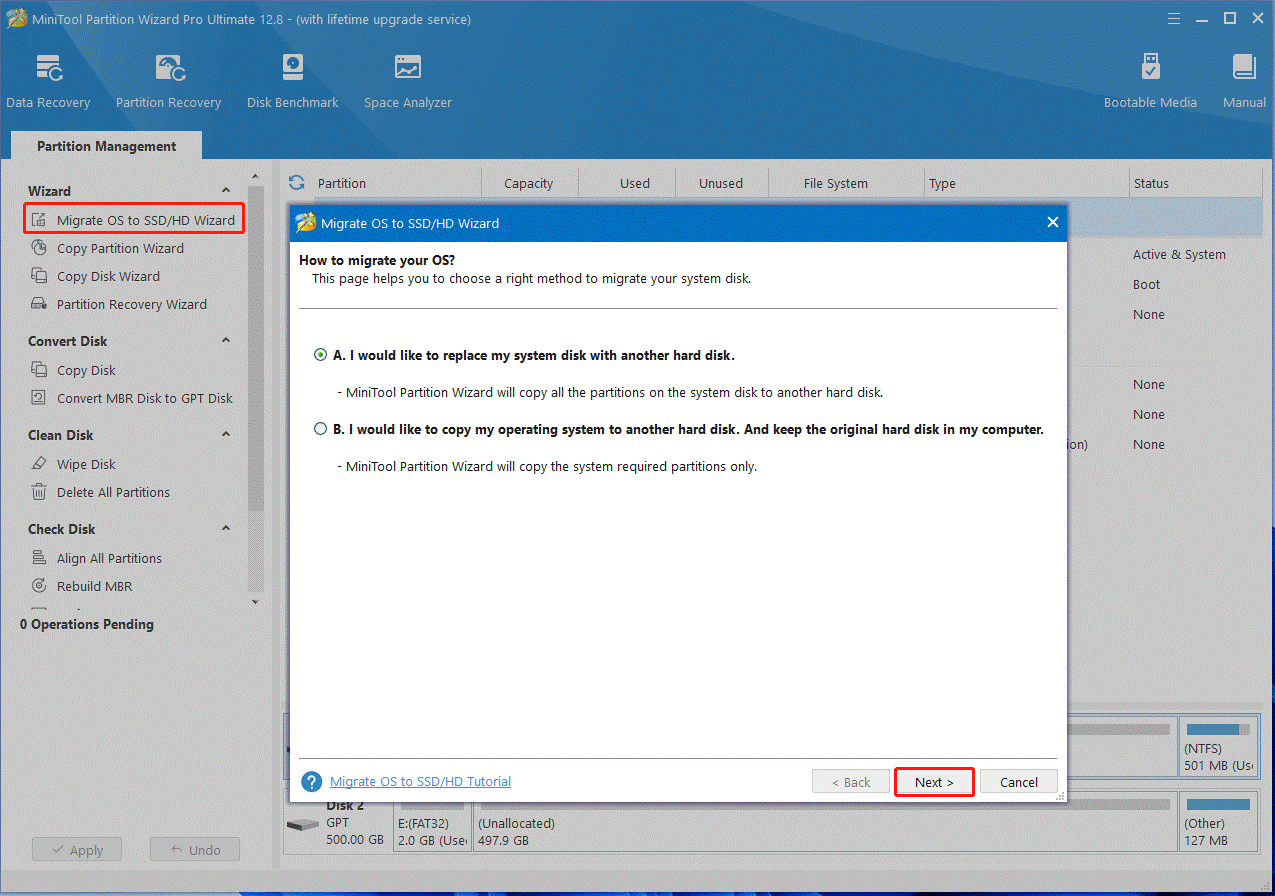 migrate OS to SSD using MiniTool