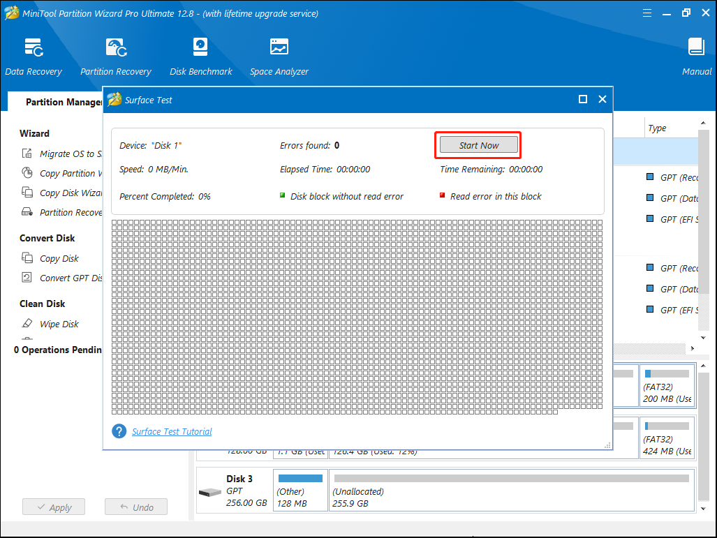 start running surface test