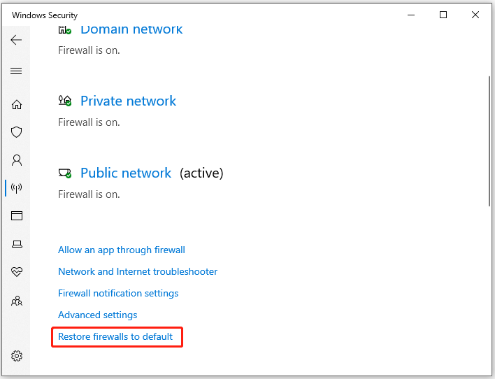 click Restore firewalls to default