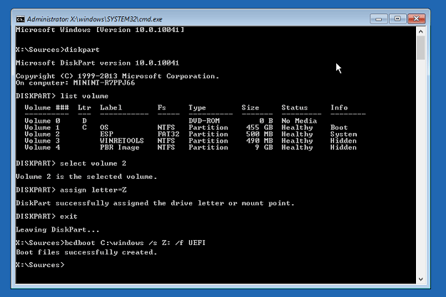 copy BCD from C drive to the system partition