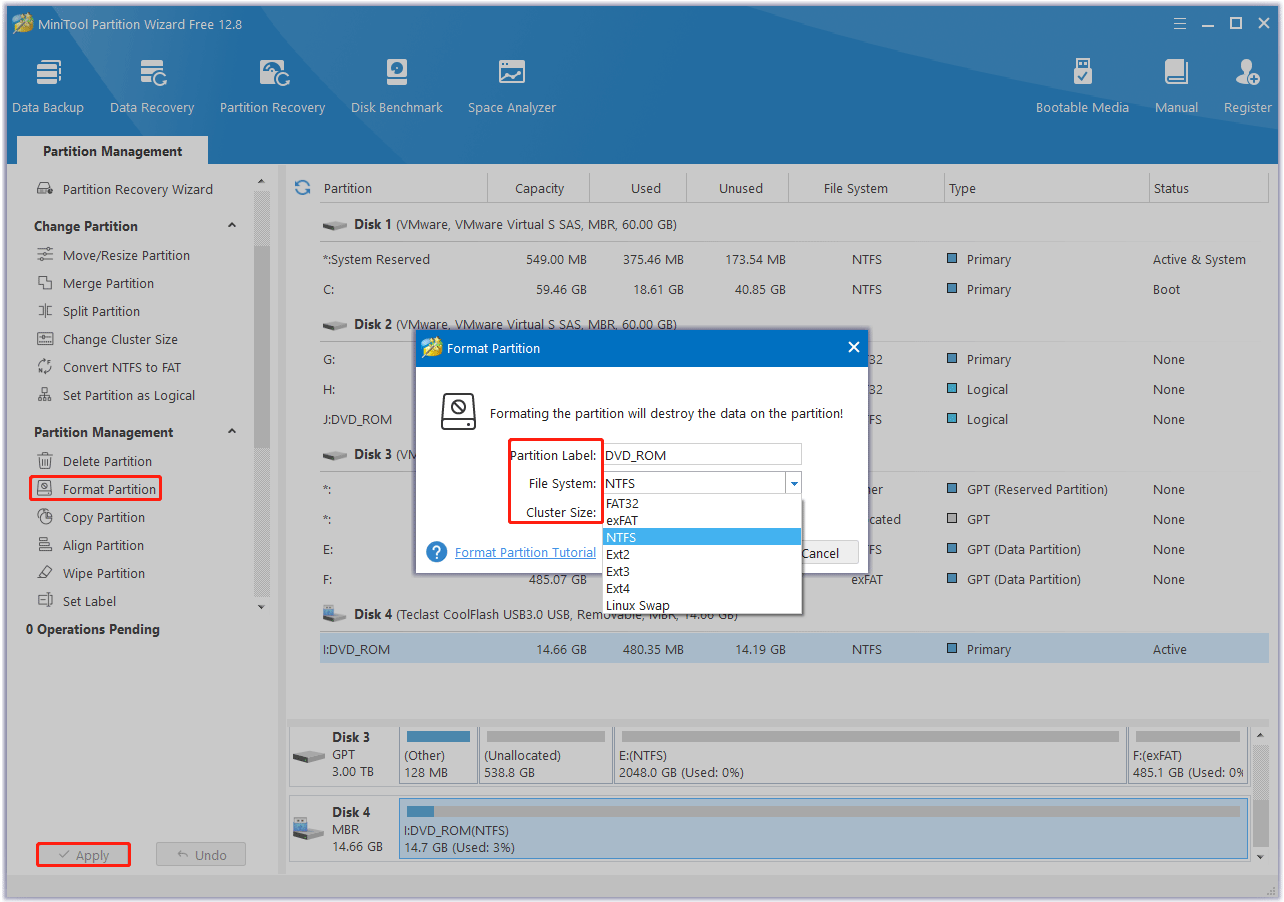 format the USB flash drive with MiniTool Partition Wizard