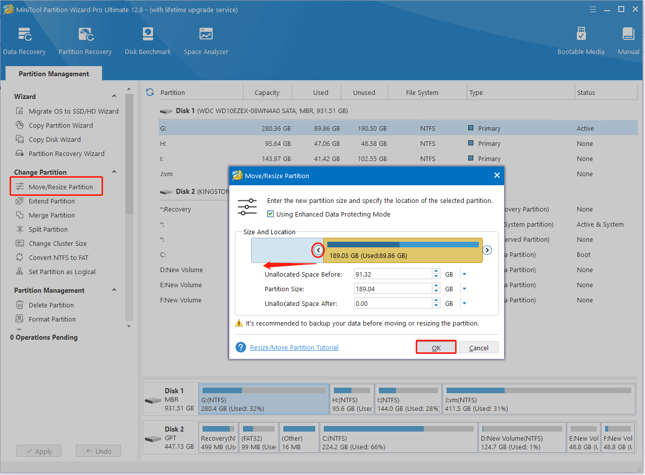 resize partition using MiniTool