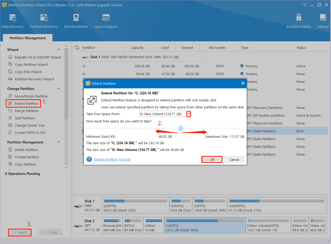 extend the system partition using MiniTool