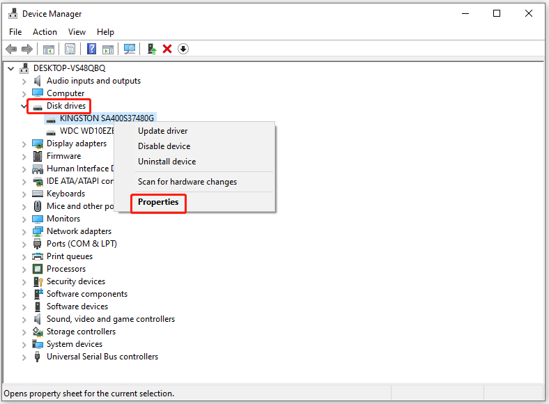 open the properties of the SSD