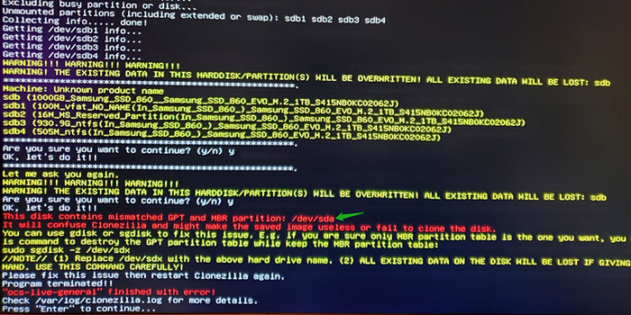 Clonezilla This disk contains mismatched GPT and MBR partition