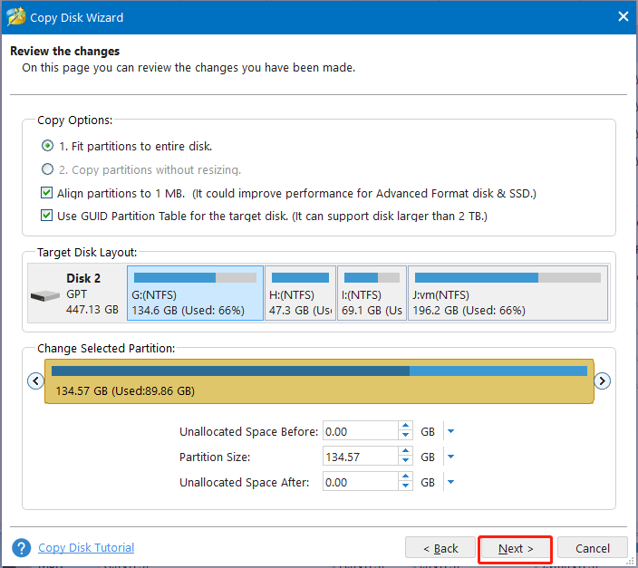 review the copy options on MiniTool