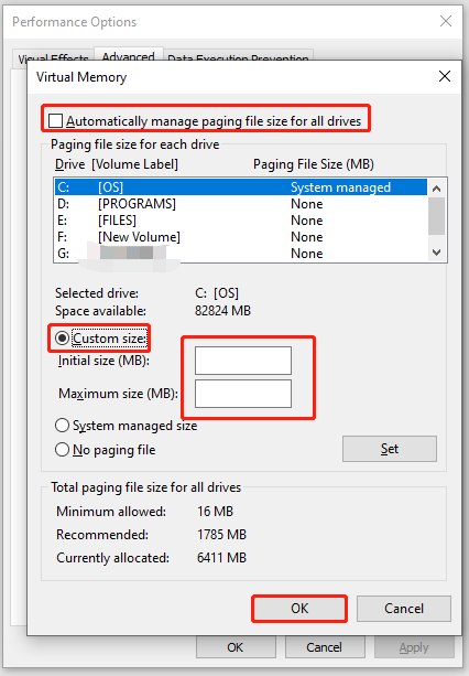 change paging file size