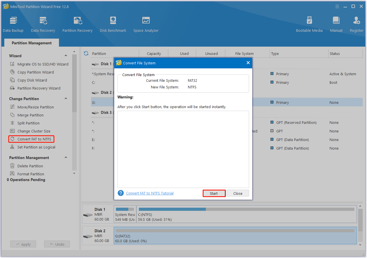 convert FAT32 to NTFS with MiniTool Partition Wizard
