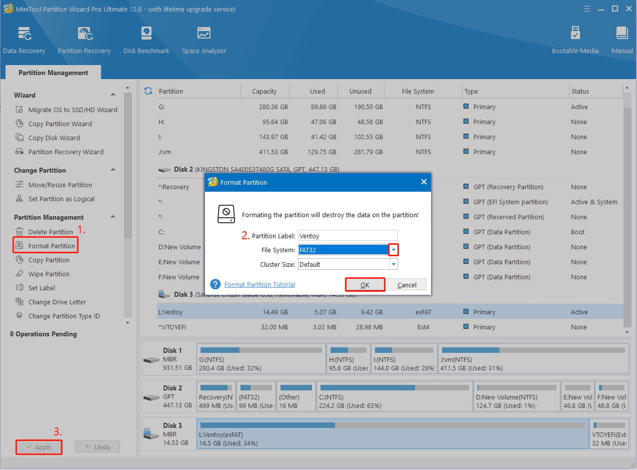 format USB to FAT32 using MiniTool