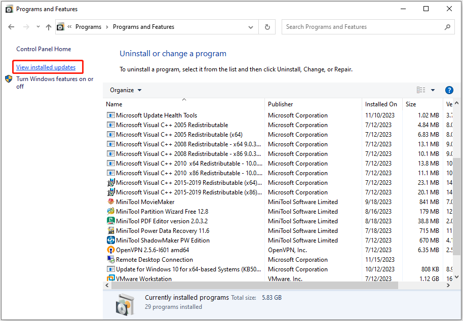 click View installed updates
