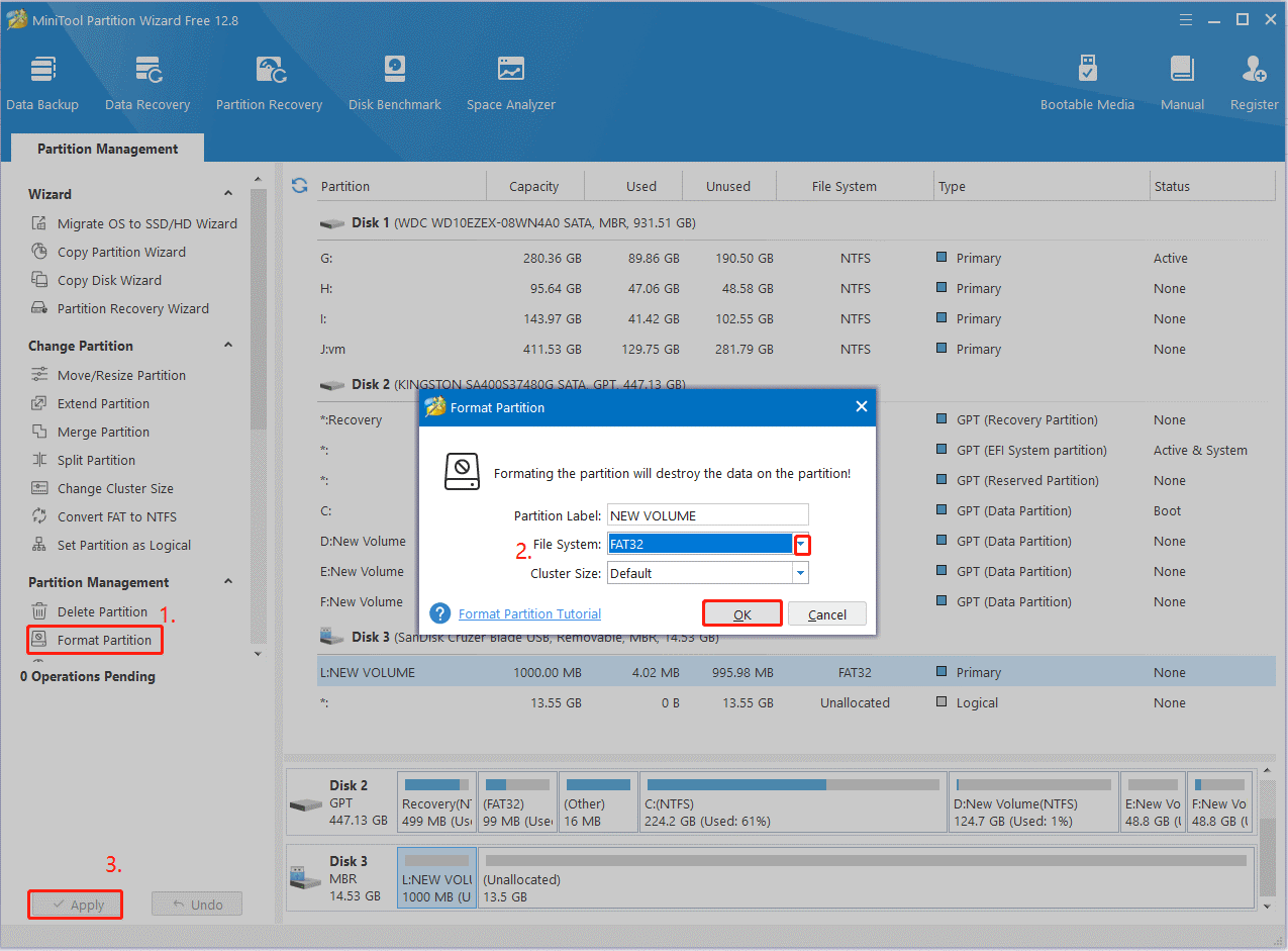 format a USB to FAT32 using MiniTool