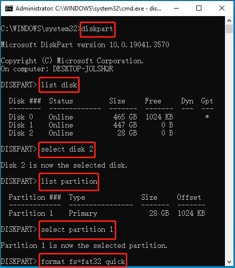 Format the USB via Diskpart