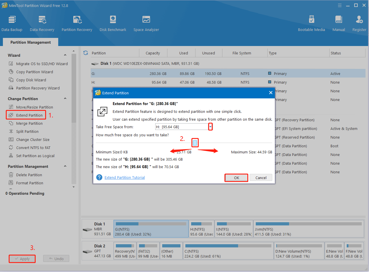 extend the partition using MiniTool