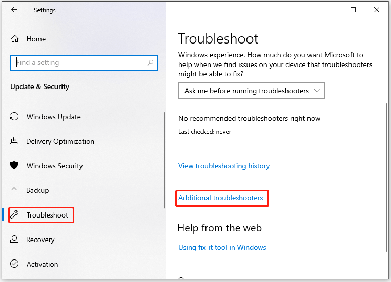 tap on Additional troubleshooters