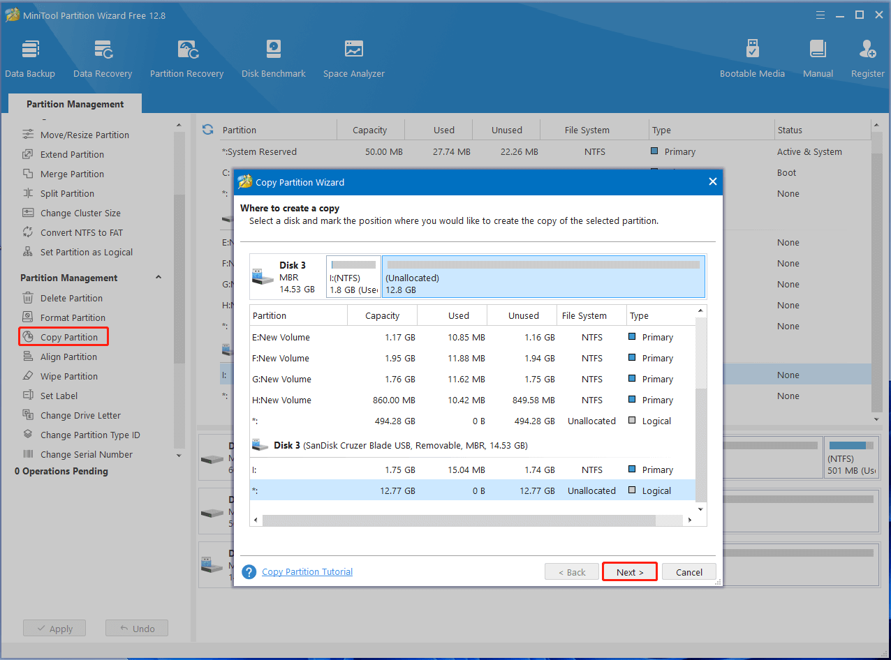 copy partition using MiniTool