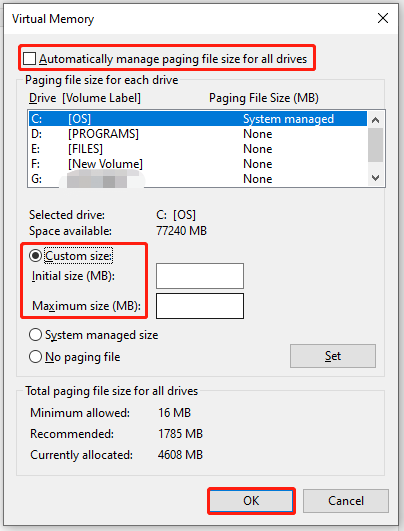 configure page file size