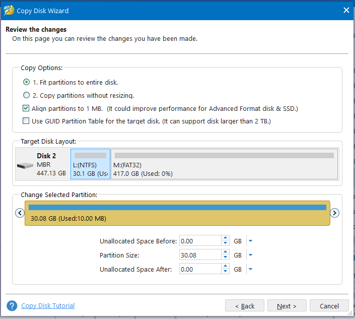 confirm copy options on MiniTool