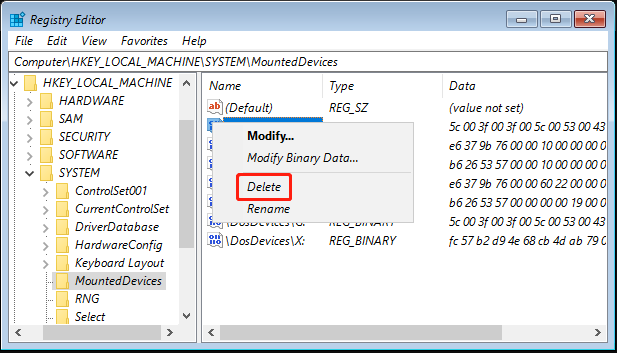 Delete values in MountedDevices