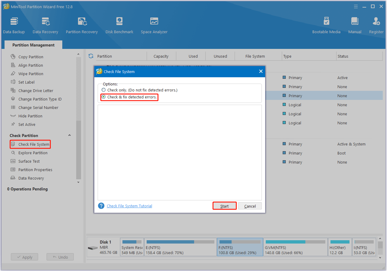 Check File System using MiniTool Partition Wizard