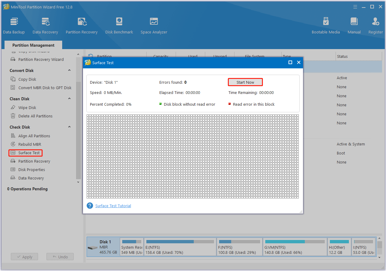 Surface Test using MiniTool Partition Wizard