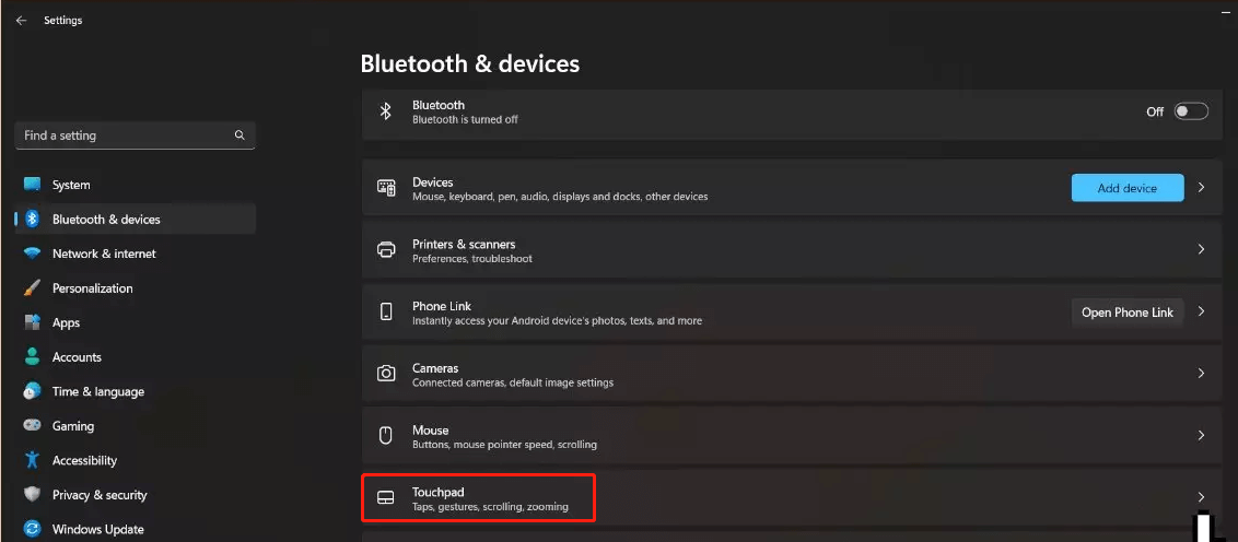 select Touchpad in Windows 11