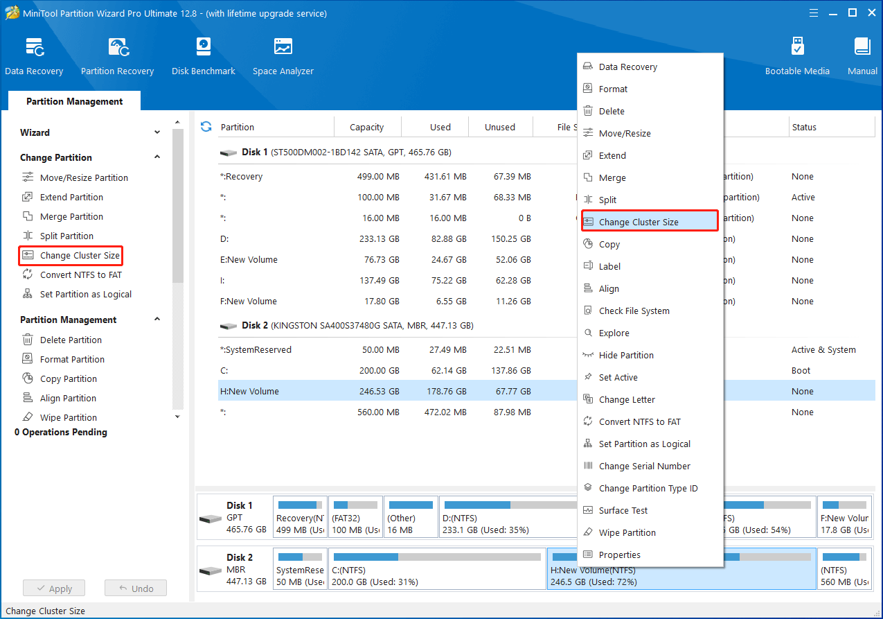 Select Change Cluster Size