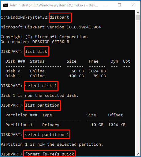 Format to ReFS using commands