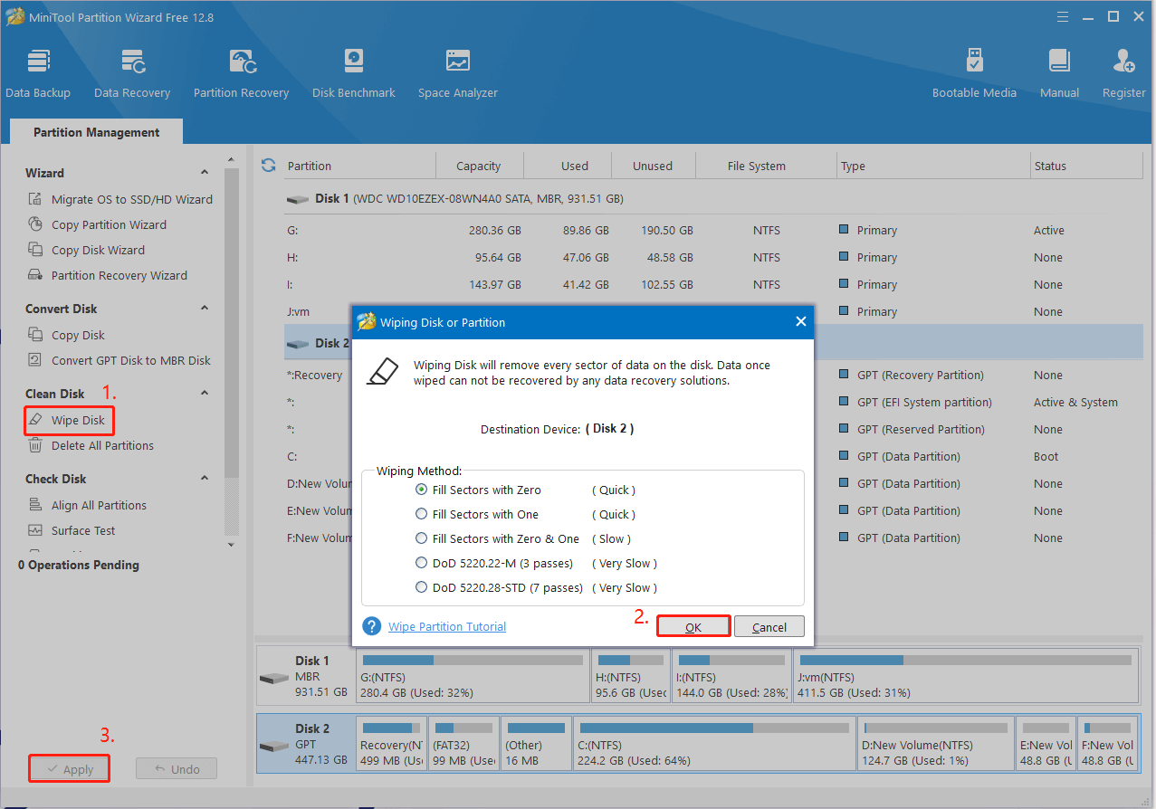 wipe disk using MiniTool